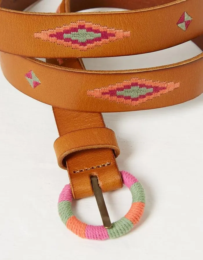 Women FatFace Belts Embroidered Jean Leather Belt Tan