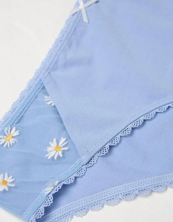 Women FatFace Buy 2 Get 1 Free Underwear Daisy Embroidered Mini Knickers Light Blue
