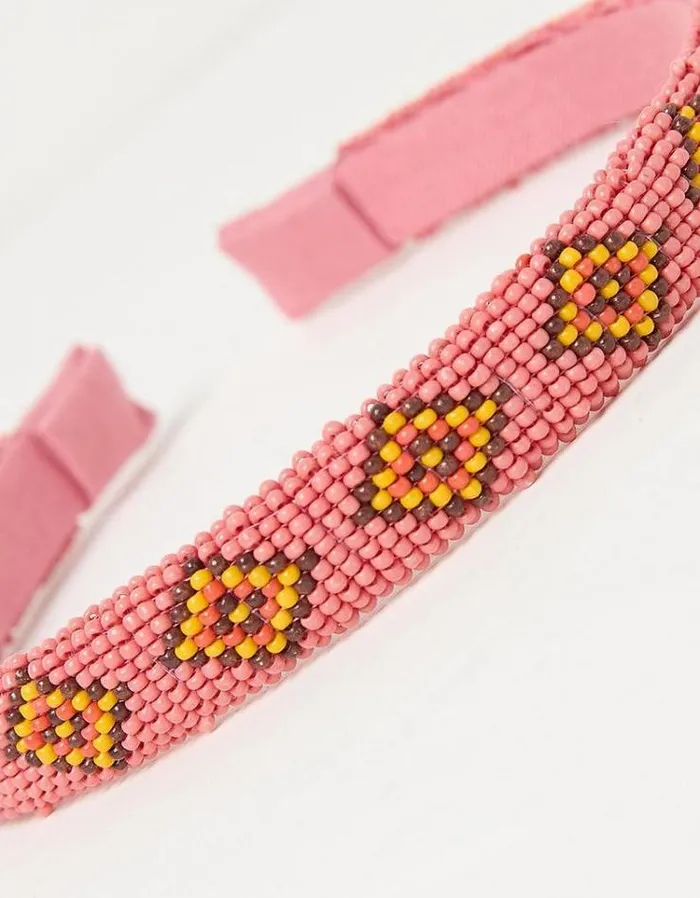 Women FatFace Hair Accessories Aztec Bead Thin Head Band Pink