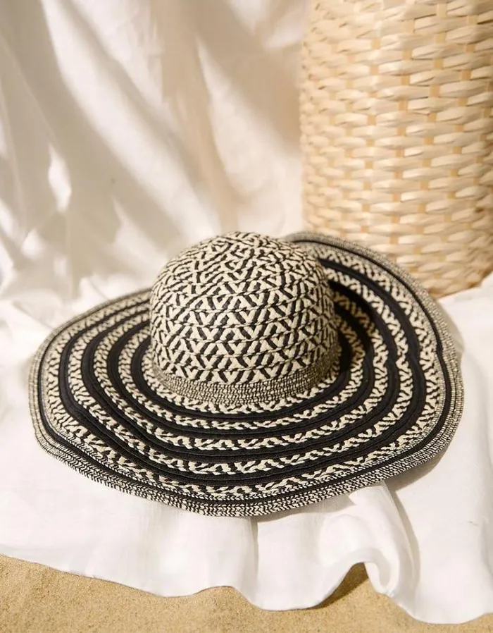 Women FatFace Hats Geo Floppy Straw Hat Black