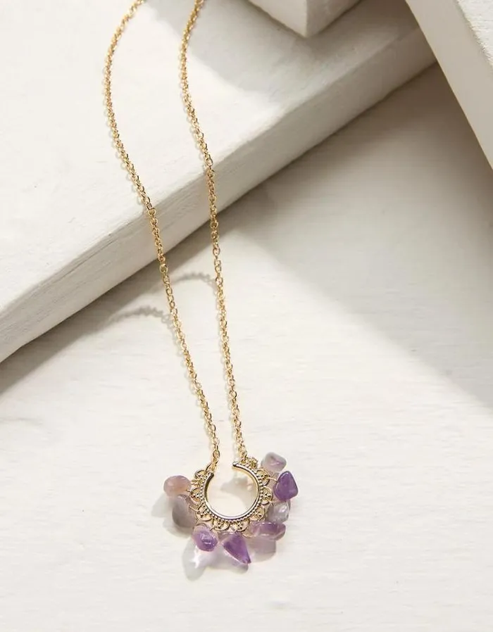 Women FatFace Jewelry Stone Charm Necklace Purple