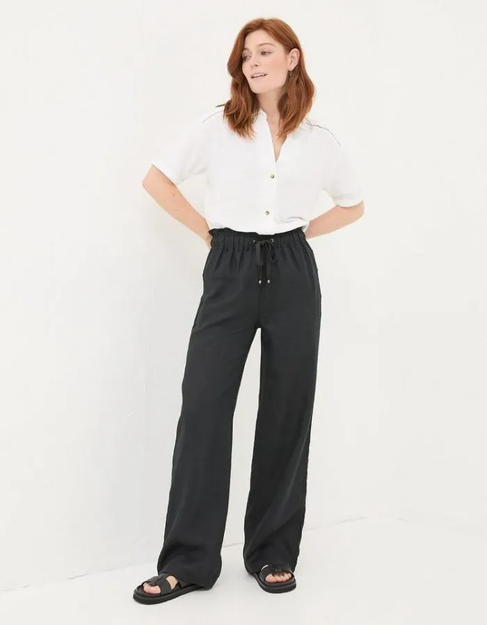 Women FatFace Pants and Leggings Iva Wide Leg Linen Pants Black