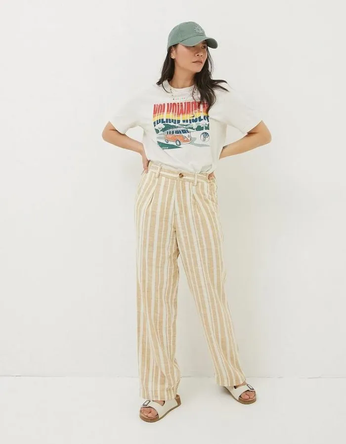 Women FatFace Pants and Leggings Pendeen Linen Blend Stripe Pants Natural