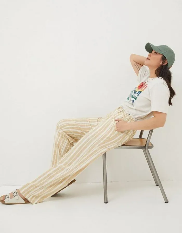 Women FatFace Pants and Leggings Pendeen Linen Blend Stripe Pants Natural