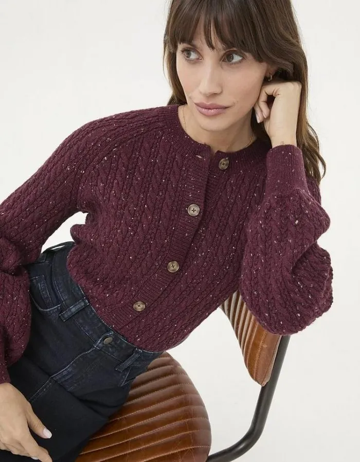 Women FatFace Sweaters and Cardigans Chloe Cable Knit Cardigan Dark Red