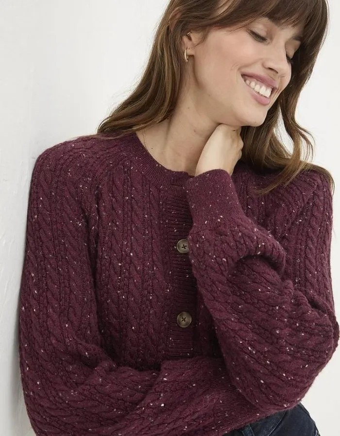 Women FatFace Sweaters and Cardigans Chloe Cable Knit Cardigan Dark Red