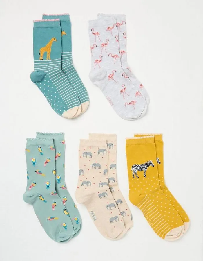 Women FatFace Underwear Socks and Tights 5 Pack Jungle Animal Socks Multi