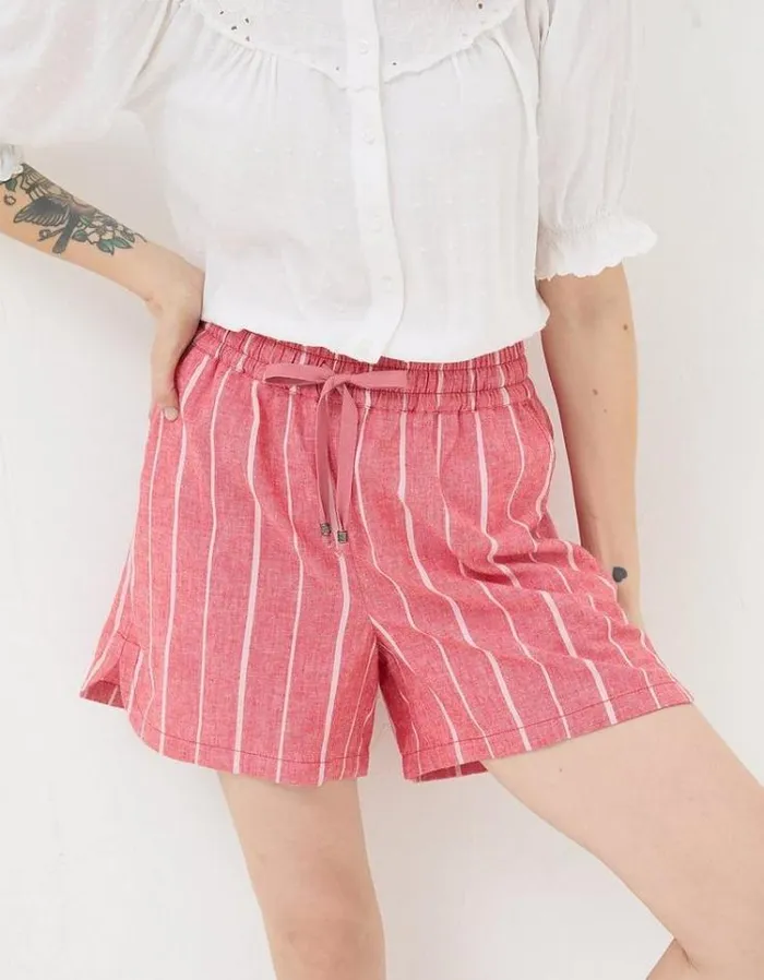 Women FatFace Vacation Shop Tenby Linen Blend Stripe Shorts Raspberry Red