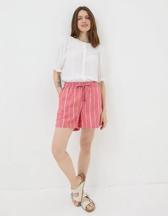 Women FatFace Vacation Shop Tenby Linen Blend Stripe Shorts Raspberry Red