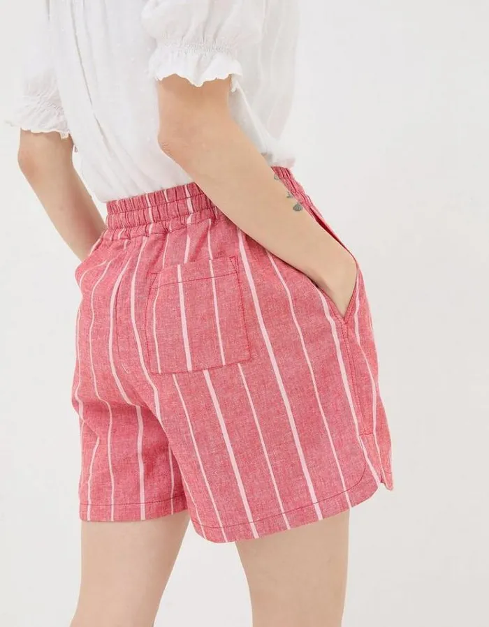 Women FatFace Vacation Shop Tenby Linen Blend Stripe Shorts Raspberry Red
