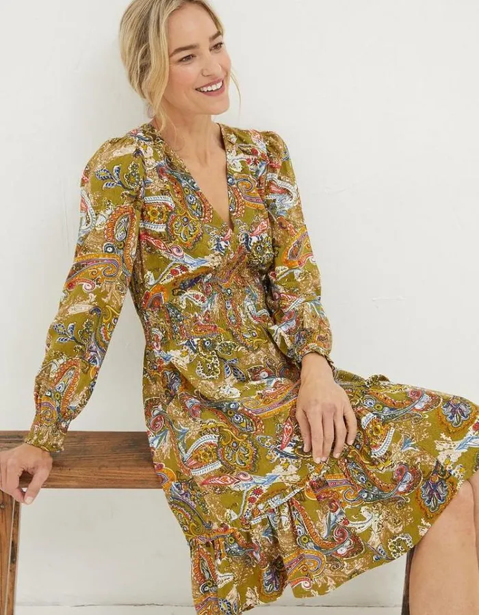 Women FatFace Women039s Sale Farah Prairie Paisley Dress Light Olive