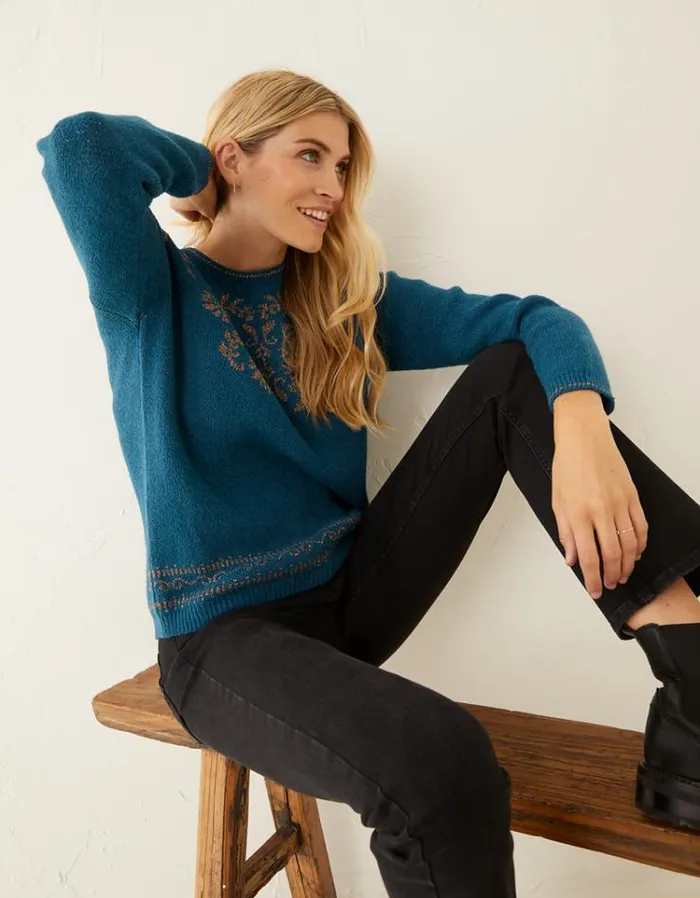 Women FatFace Women039s Sale Florie Jacquard Jumper Teal Green