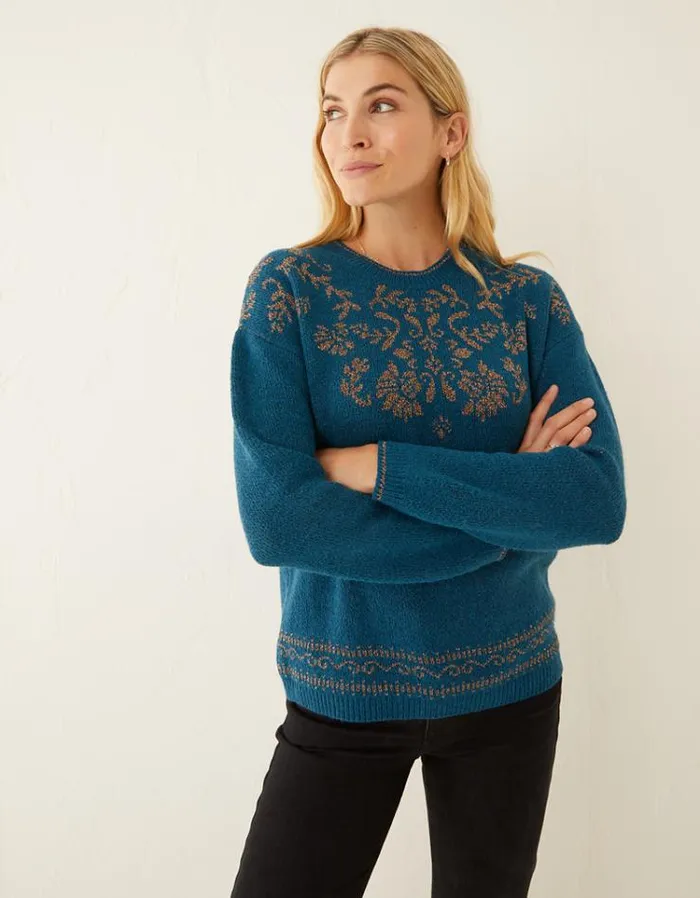 Women FatFace Women039s Sale Florie Jacquard Jumper Teal Green