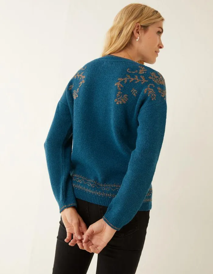 Women FatFace Women039s Sale Florie Jacquard Jumper Teal Green
