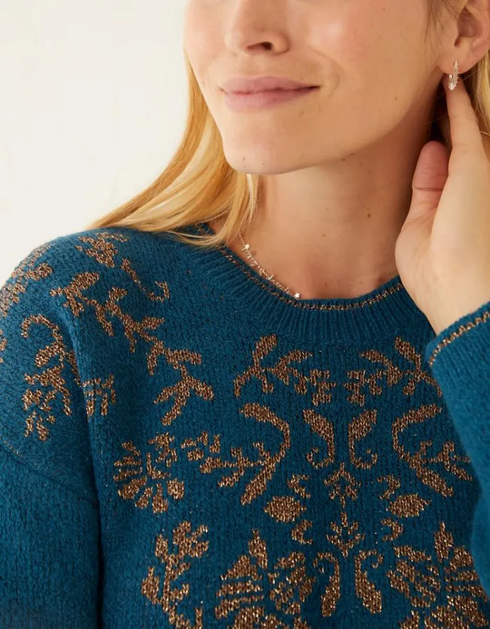 Women FatFace Women039s Sale Florie Jacquard Jumper Teal Green