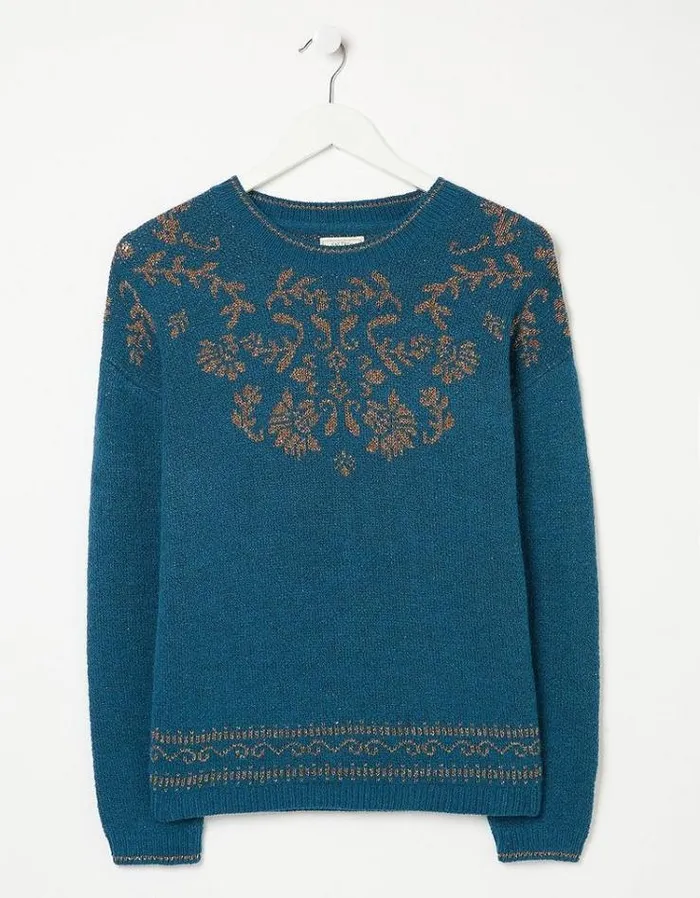 Women FatFace Women039s Sale Florie Jacquard Jumper Teal Green