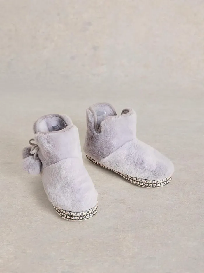 Women Faux Fur Slipper Bootie Mid Grey White Stuff Nightwear