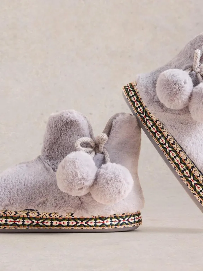 Women Faux Fur Slipper Bootie Mid Grey White Stuff Nightwear