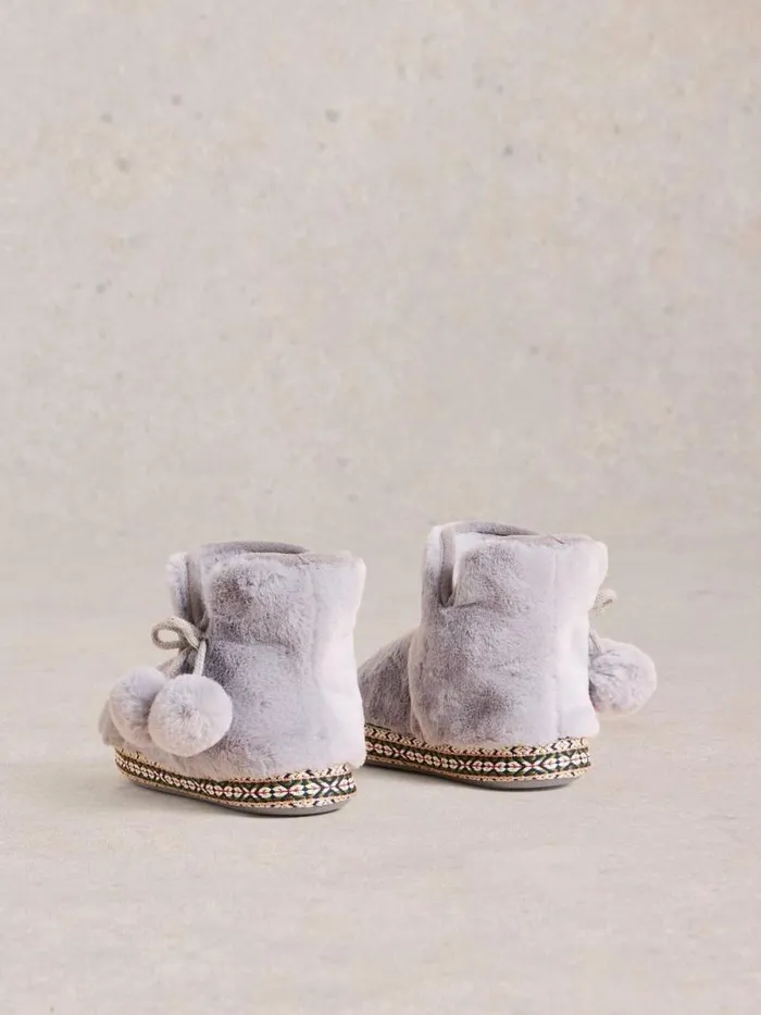 Women Faux Fur Slipper Bootie Mid Grey White Stuff Nightwear