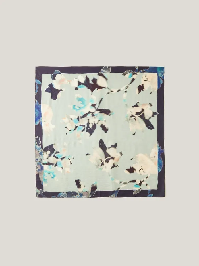 Women Floral Drift Silk Twill Scarf Blue Jigsaw Ponchos and Scarves