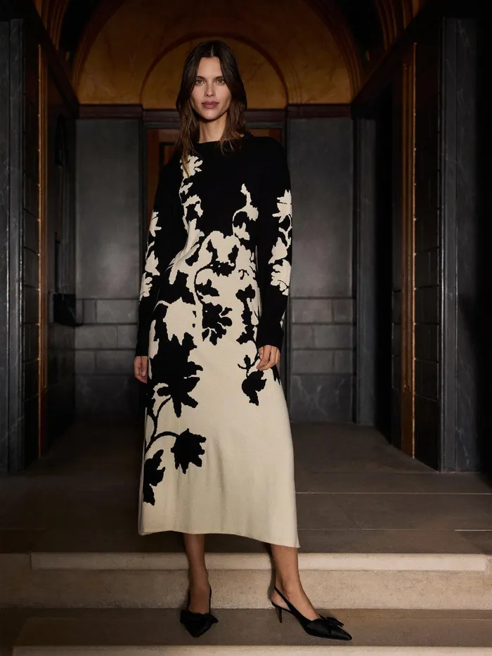 Women Floral Jacquard Knitted Dress Monochrome Jigsaw Knitwear and Cashmere