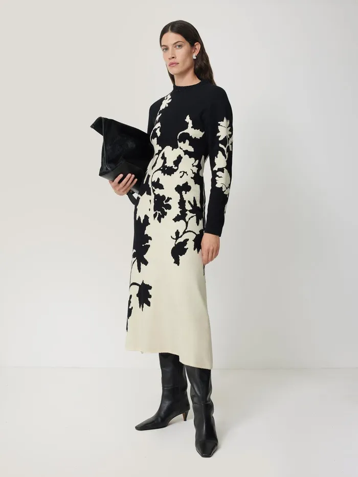 Women Floral Jacquard Knitted Dress Monochrome Jigsaw Knitwear and Cashmere
