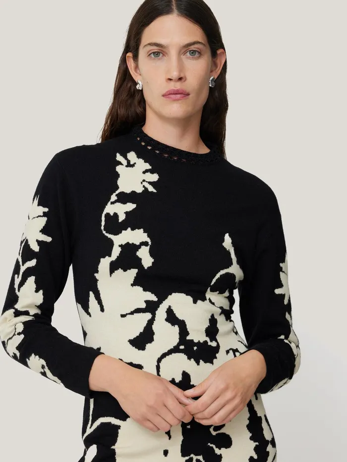 Women Floral Jacquard Knitted Dress Monochrome Jigsaw Knitwear and Cashmere