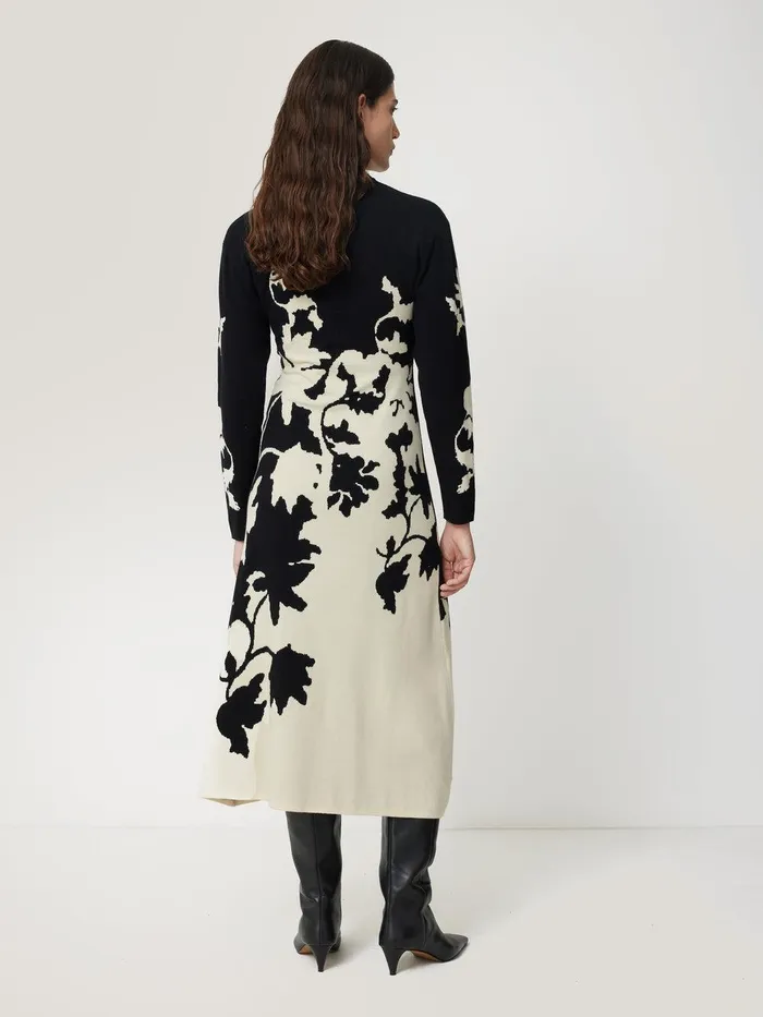 Women Floral Jacquard Knitted Dress Monochrome Jigsaw Knitwear and Cashmere