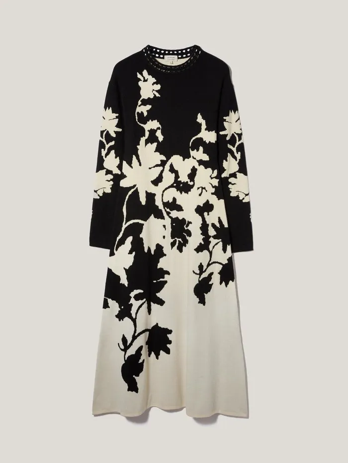 Women Floral Jacquard Knitted Dress Monochrome Jigsaw Knitwear and Cashmere