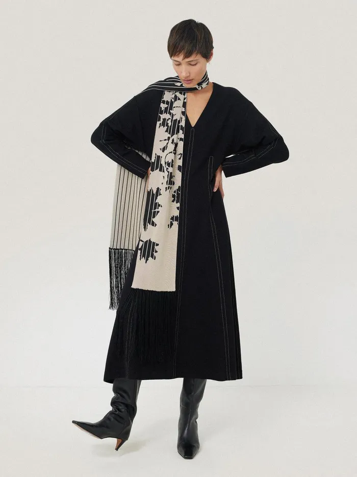 Women Floral Pinstripe Fringed Scarf Monochrome Jigsaw Coords
