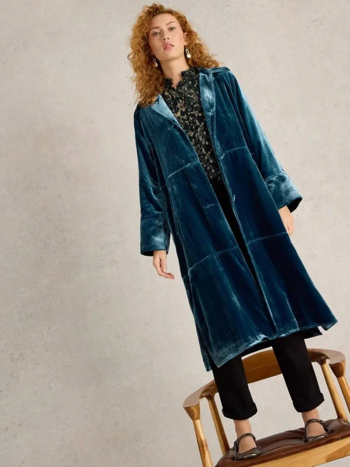 Women Freya Velvet Duster Coat Dk Teal White Stuff Coats and Jackets