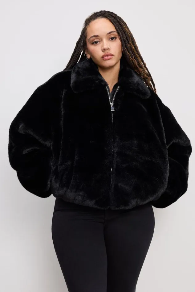 Women GOOD AMERICAN Outerwear FAUX FUR COLLARJACKET Black001