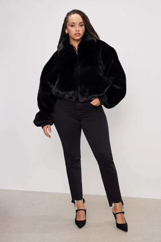 Women GOOD AMERICAN Outerwear FAUX FUR COLLARJACKET Black001