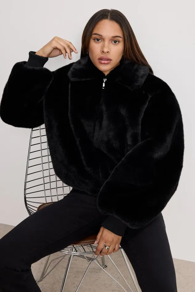 Women GOOD AMERICAN Outerwear FAUX FUR COLLARJACKET Black001