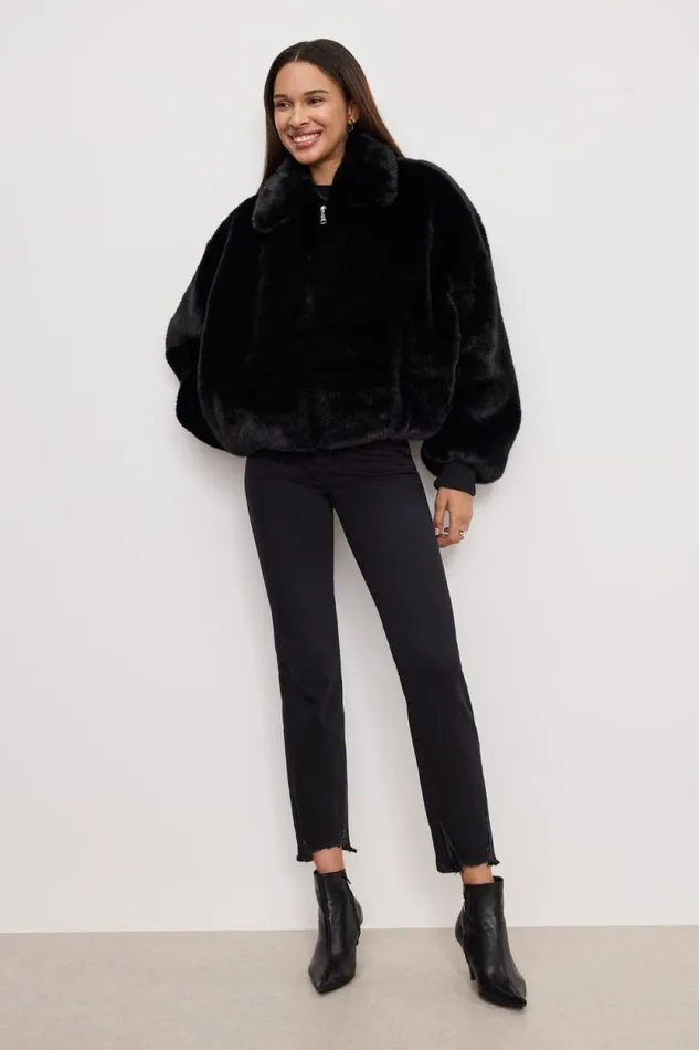 Women GOOD AMERICAN Outerwear FAUX FUR COLLARJACKET Black001