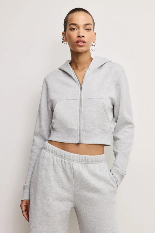 Women GOOD AMERICAN Sweaters BRUSHED FLEECE ZIPHOODIE Heather Grey001