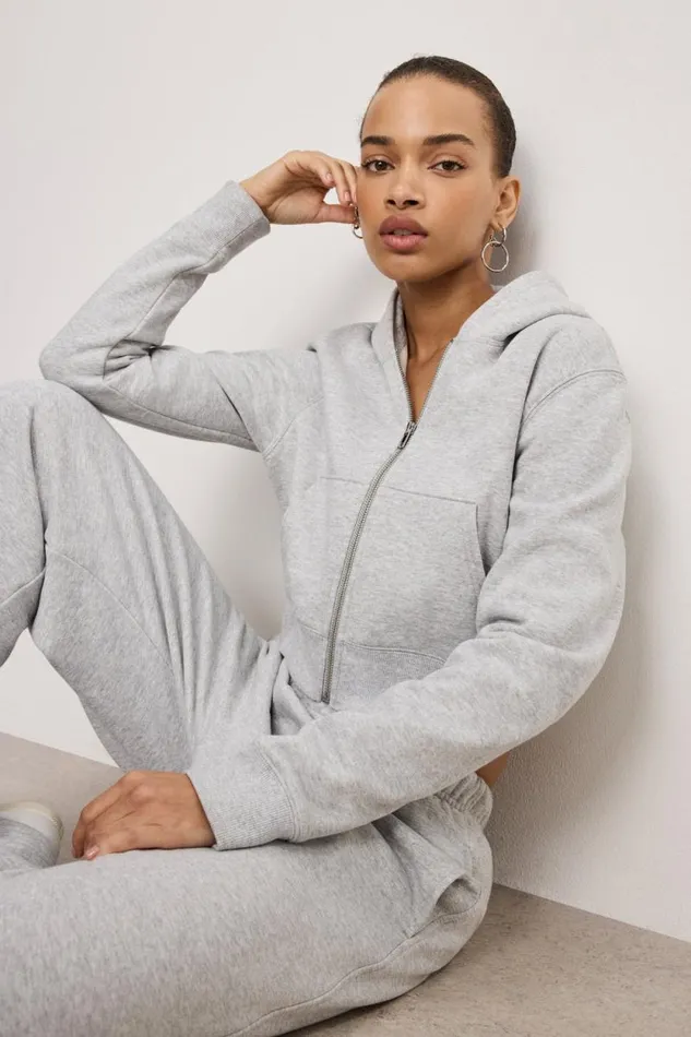 Women GOOD AMERICAN Sweaters BRUSHED FLEECE ZIPHOODIE Heather Grey001