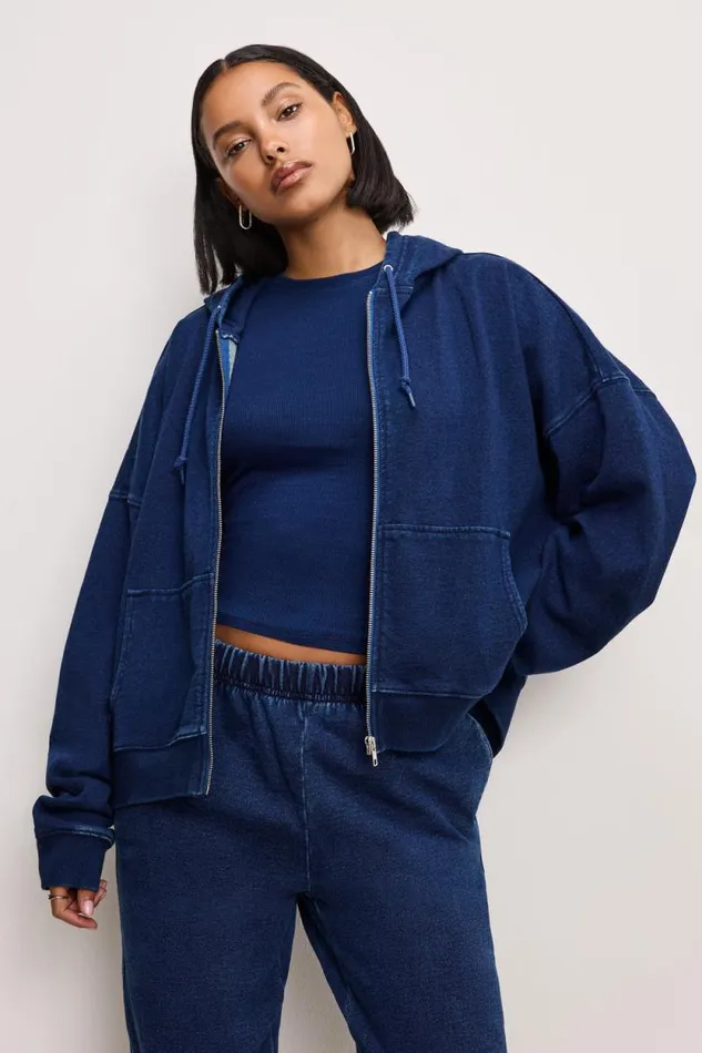 Women GOOD AMERICAN Tops JEANIUS BOXY ZIPHOODIE Indigo377