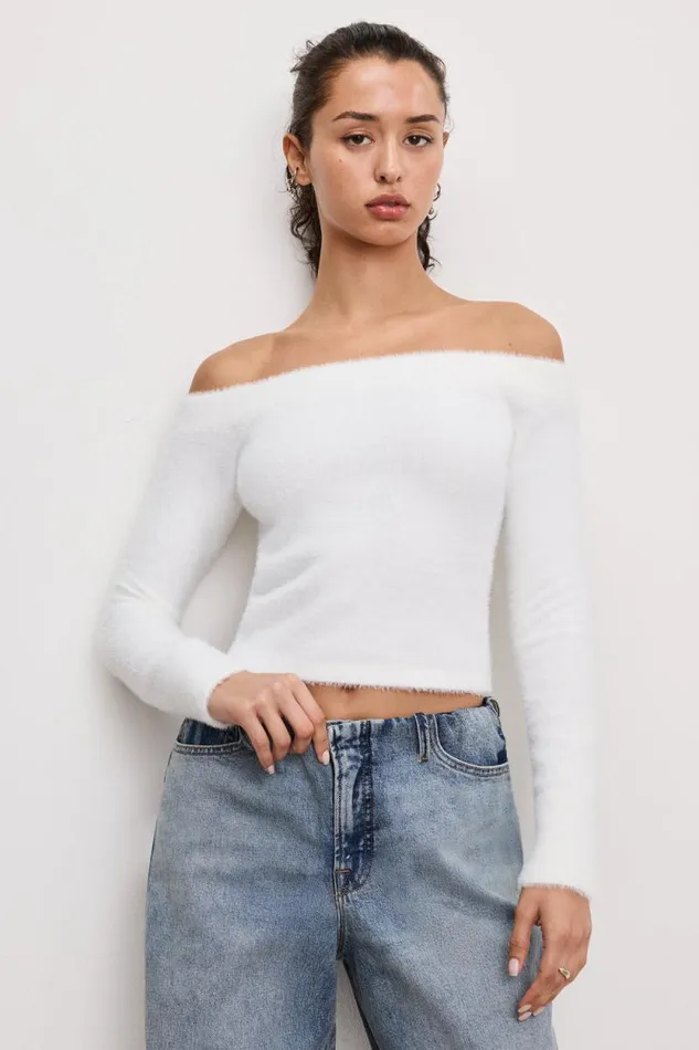 Women GOOD AMERICAN Tops OFF SHOULDER PLUSHTOP Cloud White001