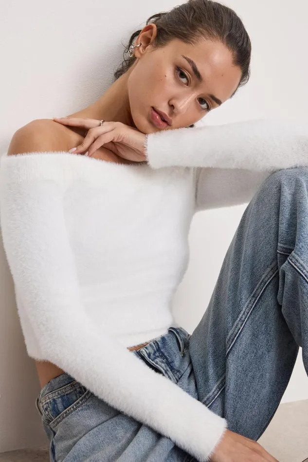 Women GOOD AMERICAN Tops OFF SHOULDER PLUSHTOP Cloud White001 Women GOOD AMERICAN Tops OFF SHOULDER PLUSHTOP Cloud White001