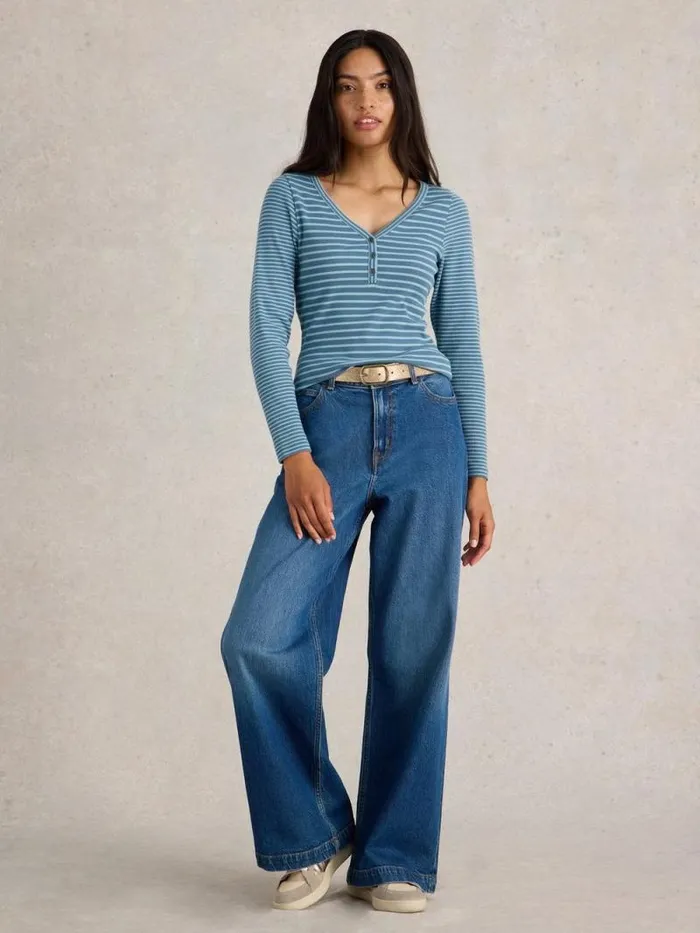 Women HALLEY RIB STRIPE HENLEY Blue Multi White Stuff Tops and Tees