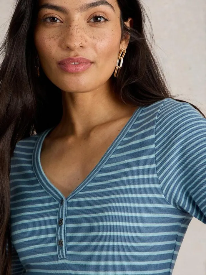 Women HALLEY RIB STRIPE HENLEY Blue Multi White Stuff Tops and Tees
