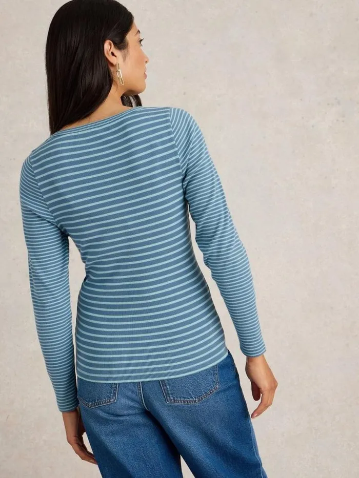 Women HALLEY RIB STRIPE HENLEY Blue Multi White Stuff Tops and Tees