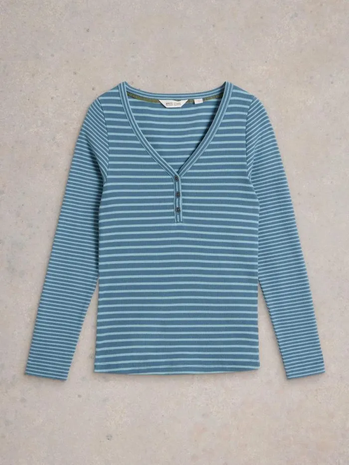 Women HALLEY RIB STRIPE HENLEY Blue Multi White Stuff Tops and Tees