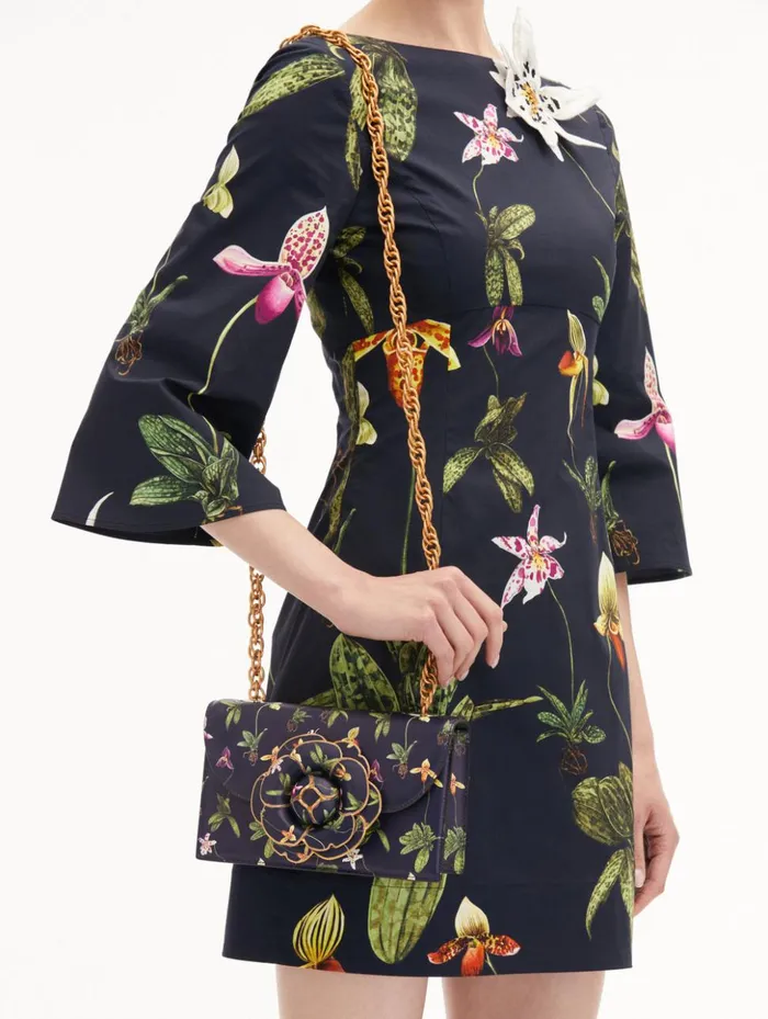 Women Handbags Oscar De La Renta Orchid Printed TRO Bag Navy