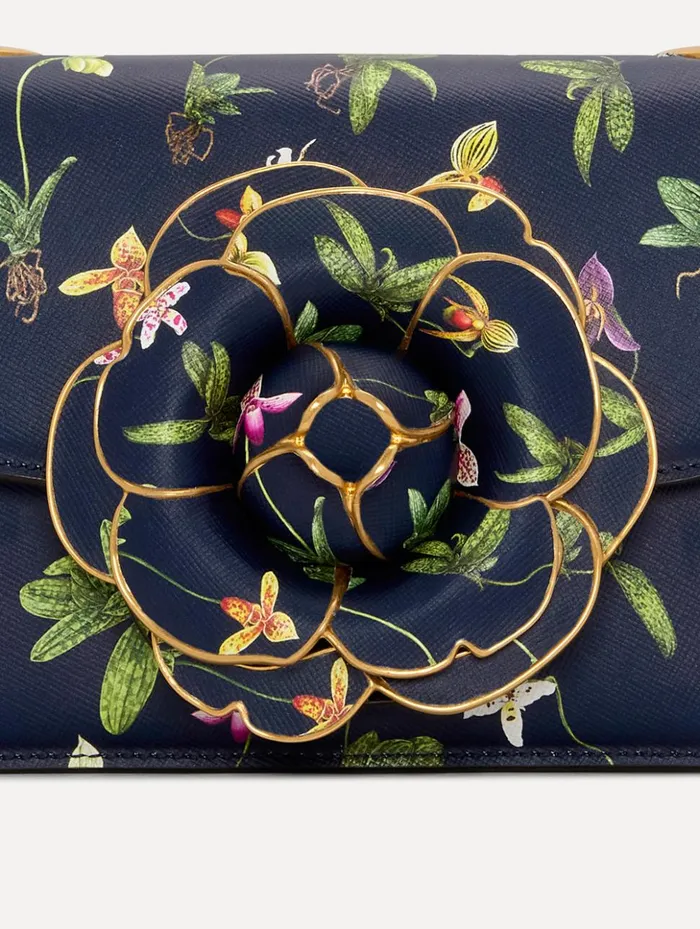 Women Handbags Oscar De La Renta Orchid Printed TRO Bag Navy