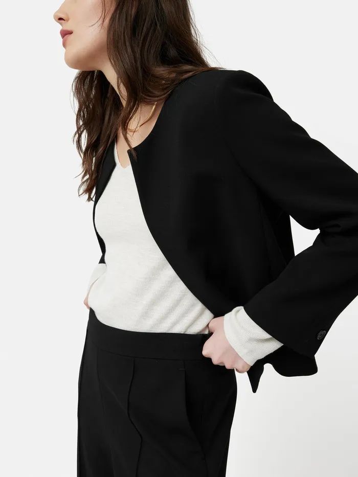 Women Italian Modern Crepe Short Jacket Black Jigsaw Coats and Jackets
