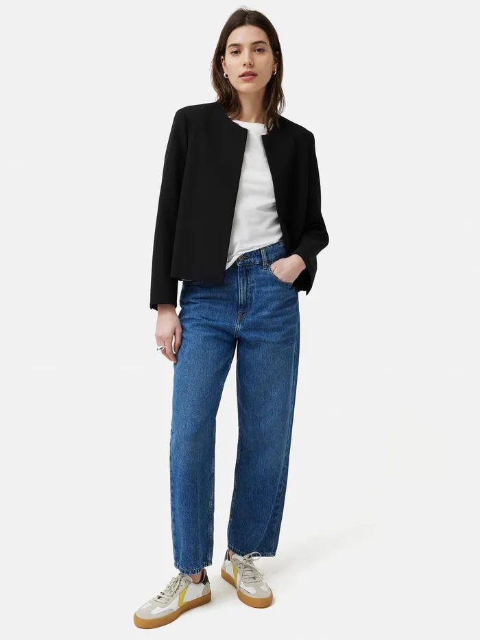 Women Italian Modern Crepe Short Jacket Black Jigsaw Coats and Jackets