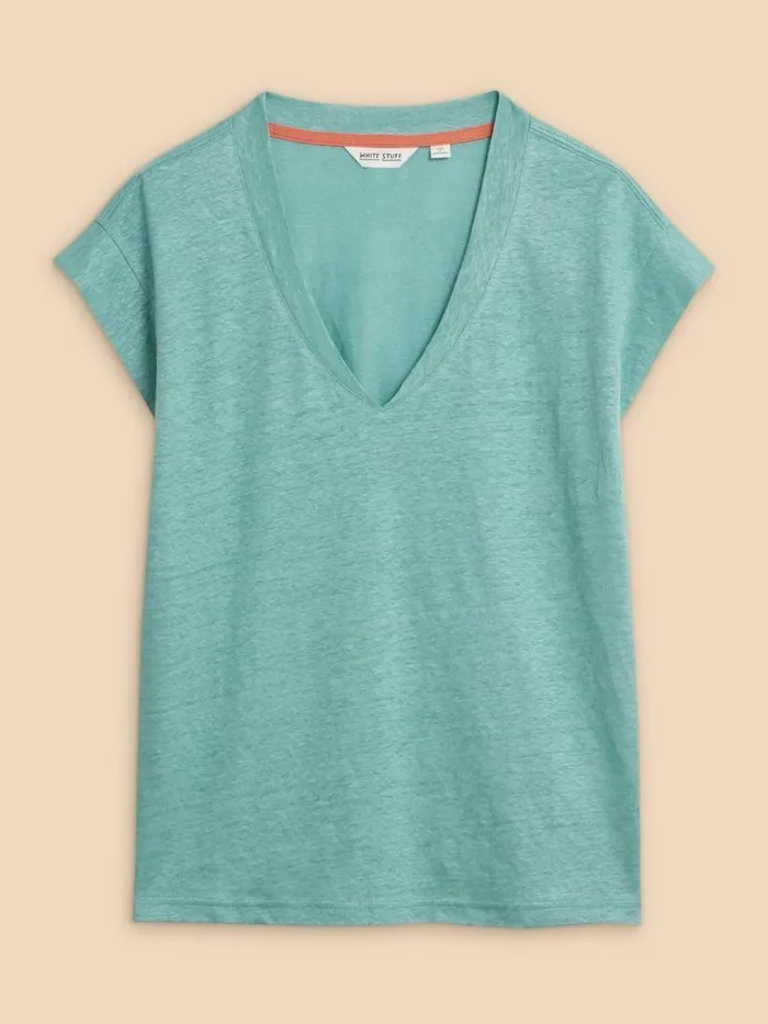 Women IVY V NECK LINEN TEE Mid Teal White Stuff Tops and Tees