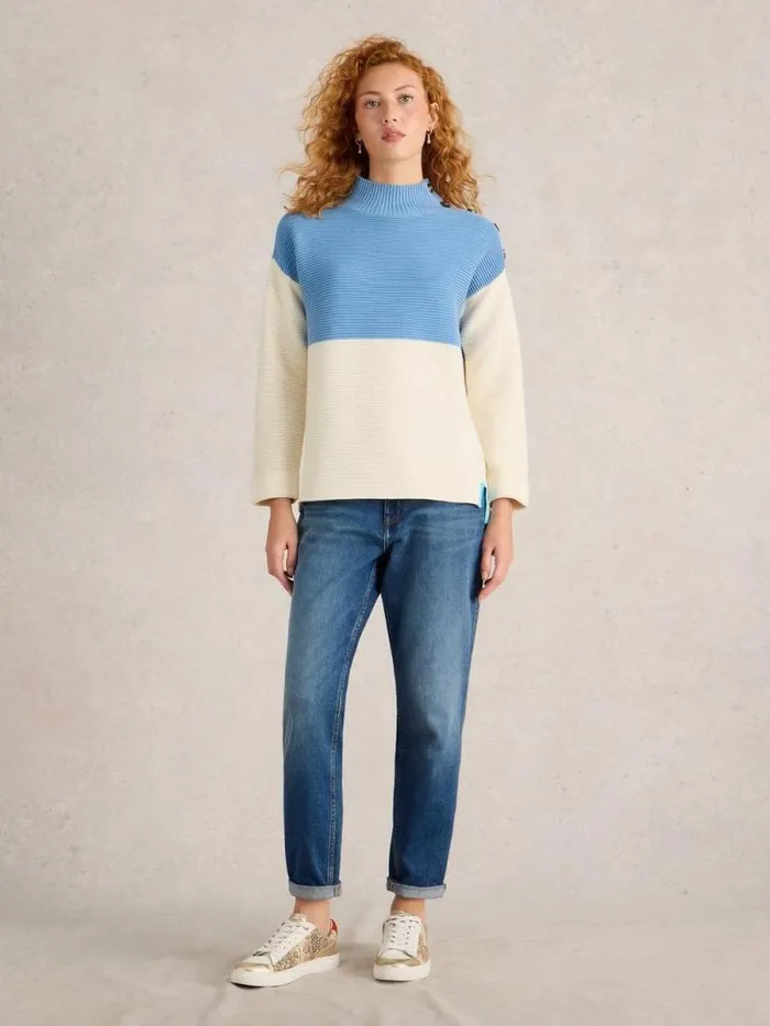 Women JANA BUTTON HIGH NECK JUMPER Blue Multi White Stuff Knitwear